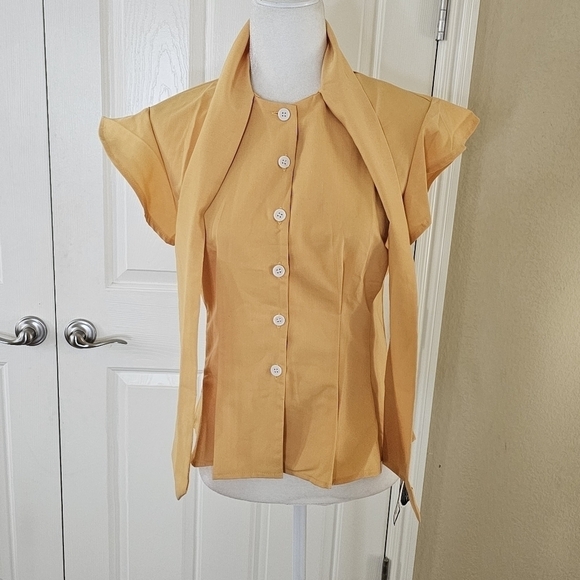 NWT Retro Stage Yellow Flutter Sleeve Princess Seam Button Down Bow Blouse Sz M - Picture 6 of 12